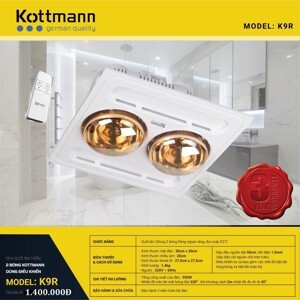 Đèn sưởi nhà tắm âm trần Kottmann K9-R -  2 bóng