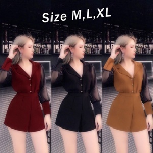 Jumpsuit jean short tay dài
