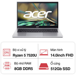 Laptop Acer Aspire 3 A314-23M-R4TX NX.KEXSV.001 - AMD Ryzen 5 7520U, 8GB RAM, SSD 512GB, AMD Radeon 610M, 14 inch