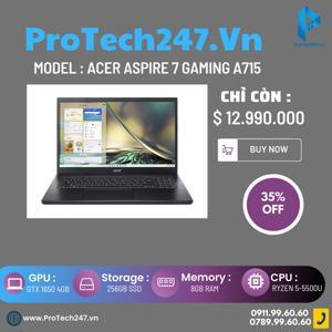 Laptop Acer Gaming Aspire 7 A715-42G-R4XX NH.QAYSV.008 - AMD Ryzen R5-5500U, 8GB RAM, SSD 256GB, Nvidia GeForce GTX 1650 4GB GDDR6, 15.6 inch