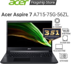 Laptop Acer Gaming Aspire 7 A715-75G-56ZL NH.Q97SV.001 - Intel Core i5-10300H, 8GB RAM, SSD 512GB, Nvidia GeForce GTX 1650 4GB GDDR6 + Intel UHD Graphics, 15.6 inch