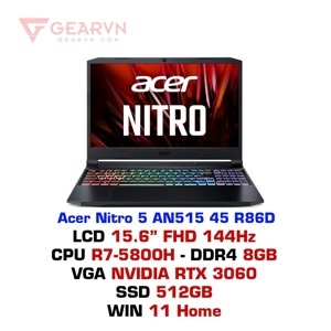 Laptop Acer Nitro 5 AN515-45-R86D - AMD Ryzen R7-5800H, 8GB RAM, SSD 512GB, Nvidia GeForce RTX 3060 6GB GDDR6, 15.6 inch