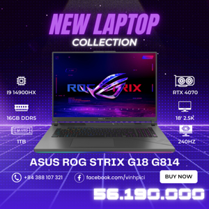 Laptop Asus ROG Strix G18 G814 - Intel Core i9-13980HX, 16GB RAM, SSD 1TB, Nvidia GeForce RTX 4070 8GB GDDR6, 18 inch