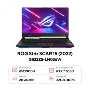 Laptop Asus ROG Strix Scar 15 G533ZS-LN036W - Intel core i9-12900H, 32GB RAM, SSD 2TB, Nvidia GeForce RTX 3080 8GB GDDR6, 15.6 inch