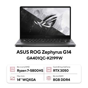 Laptop Asus ROG Zephyrus G14 GA401QC-K2199W - AMD Ryzen 7-5800HS, 8GB RAM, SSD 512GB, Nvidia GeForce RTX 3050 4GB GDDR6, 14 inch