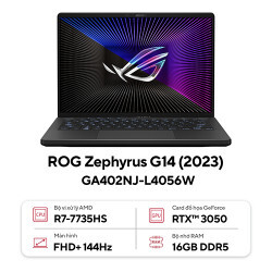 Laptop Asus ROG Zephyrus G14 GA402NJ-L4056W - AMD Ryzen 7 7735HS, 16GB RAM, SSD 512GB, Nvidia GeForce RTX 3050, 14 inch