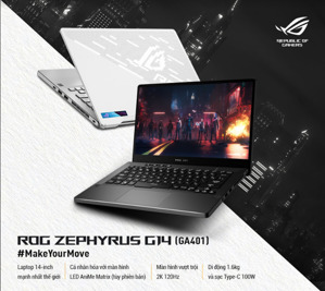 Laptop Asus ROG Zephyrus G14 GA401QC-HZ021T - AMD Ryzen 7 5800HS, 16GB RAM, SSD 512GB, Nvidia GeForce GTX 3050 4GB GDDR6, 14 inch