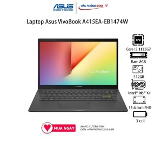 Laptop Asus Vivobook A415EA-EB1474W - Intel core i5-1135G7, 8GB RAM, SSD 512GB, Intel Iris Xe Graphics, 14 inch