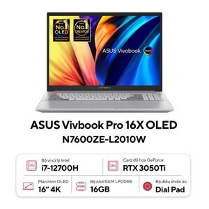 Laptop Asus Vivobook Pro 16X OLED N7600ZE-L2010W - Intel core i7-12700H, 16Gb RAM, SSD 1TB, Nvidia GeForce RTX 3050 Ti 4GB GDDR6, 16 inch
