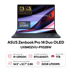 Laptop Asus Zenbook Pro 14 Duo OLED UX8402VU-P1028W - Intel Core i9-13900H, 32GB RAM, SSD 1TB, Nvidia GeForce RTX 4050 6GB GDDR6, 14.5 inch