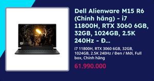 Laptop Dell Alienware M15 R6 P109F001BBL - Intel core i7-11800H, 32GB RAM, SSD 1TB, Nvidia Geforce RTX 3060 6GB GDDR6, 15.6 inch