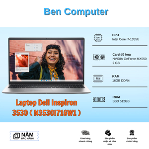 Laptop Dell Inspiron 15 3530 N3530I716W1 - Intel Core i7-1355U, RAM 16GB, SSD 512GB, Nvidia GeForce MX550 GPU, 15.6 inch