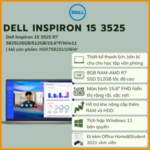 Laptop Dell Inspiron 3525 N5R75825U106W - AMD Ryzen R7-5825U, 8GB RAM, SSD 512GB, AMD Radeon Graphics, 15.6 inch