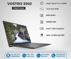 Laptop Dell Vostro 5502 70231340 - Intel Core i5-1135G7, 8GB RAM, SSD 256GB, Intel Iris Xe Graphics, 15.6 inch