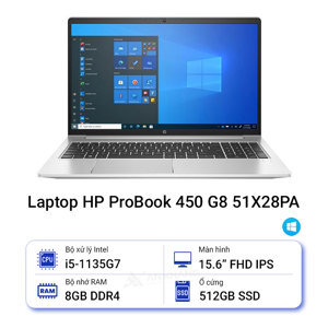 Laptop HP ProBook 450 G8 51X28PA - Intel core i5-1135G7, 8GB RAM, SSD 512GB, Intel Iris Xe Graphics, 15.6 inch