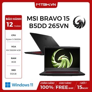 Laptop MSI Bravo 15 B5DD 265VN - AMD Ryzen 5-5600H, 8GB RAM, SSD 512GB, AMD Radeon RX5500M 4GB GDDR6, 15.6 inch