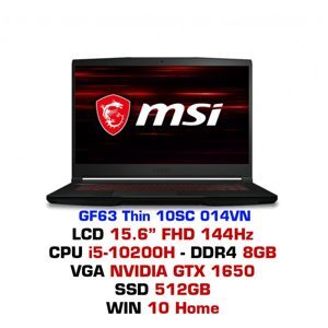 Laptop MSI GF63 Thin 10SC 014VN - Intel Core i5-10200H, 8GB RAM, SSD 512GB, Intel UHD Graphics + Nvidia GeForce GTX 1650 Max-Q Design, 15.6 inch