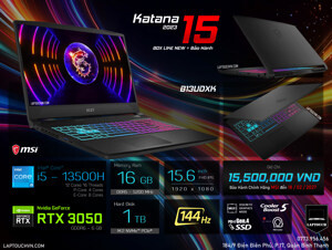 Laptop MSI Katana 15 B13UDXK 2077VN - Intel Core i7-13620H, Ram 16GB, SSD 1TB, RTX 3050 6GB, 15.6 inch