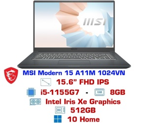 Laptop MSI Modern 15 A11MU 1024VN - Intel Core i5-1155G7, 8GB RAM, SSD 512GB, Intel Iris Xe Graphics, 15.6 inch