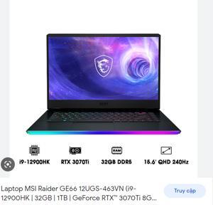 Laptop MSI Raider GE66 12UGS 405VN - Intel Core i9-12900HK, 32GB RAM, SSD 1TB, Nvidia GeForce RTX 3070Ti 8GB GDDR6, 15.6 inch