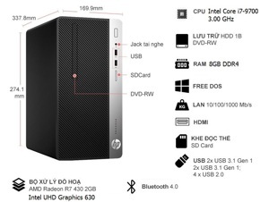 Máy tính để bàn HP ProDesk 400 G6 MT 7YH08PA - Intel Core i7-9700, 8GB RAM, HDD 1TB, Intel UHD Graphics