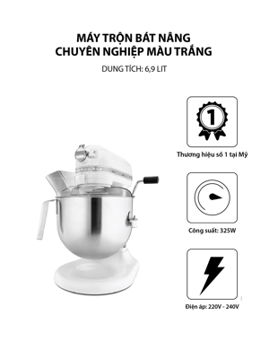 Máy trộn bát nâng chuyên nghiệp Kitchen Aid 5KSM7590WWH