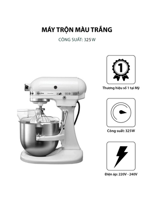 Máy trộn bát nâng lên xuống Kitchenaid 5KPM5EWH, 220V