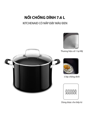 Nồi chống dính KitchenAid có nắp đậy màu đen KC2A80SCOB 7.6 lít