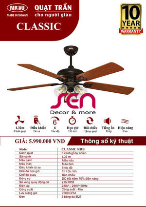 Quạt trần đèn Royal 5 cánh Classic RRB 3L