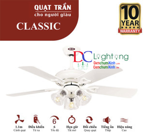 Quạt trần đèn Royal 5 cánh Classic WH 3L