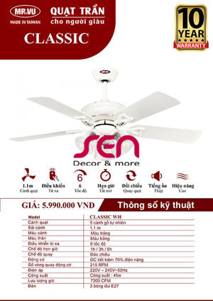 Quạt trần đèn Royal 5 cánh Classic WH 3L