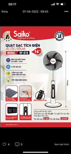 Quạt tích điện Saiko RF-616