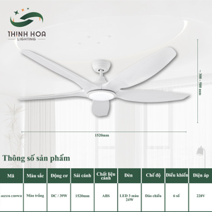 Quạt trần đèn DC 5 cánh 60ZSM-1309 WH