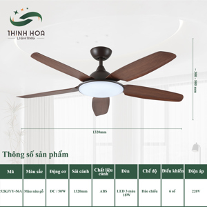 Quạt trần đèn DC 5 cánh 52KJYY-56A