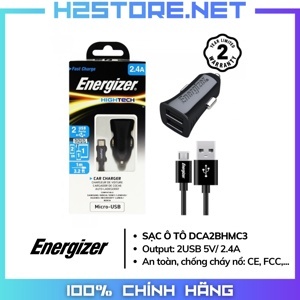 Sạc ôtô 2 cổng Energizer 2.4A DCA2BHC23 + Kèm cáp USB-Type C 2.0