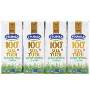 Sữa tươi tiệt trùng Vinamilk 100% 180ml - 4 hộp/ vỉ