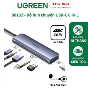 Thiết bị mở rộng 6 in 1 USB Type-C to HDMI/ Hub USB 3.0/ Audio 3.5mm/ Sạc PD  Ugreen 80132