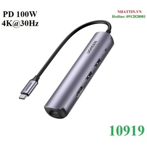 Thiết bị mở rộng USB Type-C to HDMI 4k@30Hz/ USB 3.0/ Lan Gigabit/ PD 100W Ugreen 10919