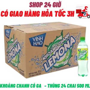 Thùng 24 chai nước khoáng có ga Vĩnh Hảo Lemona vị chanh 500ml