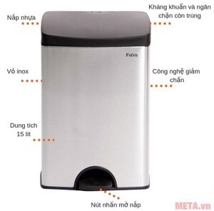 Thùng rác inox đạp vuông nhỏ Fitis SPS1-901 15 lít