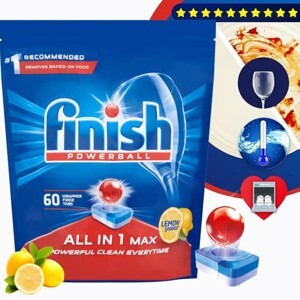 Túi 60 viên rửa chén Finish All In 1 Max Dishwasher Tablets Lemon Sparkle QT04585 - hương chanh