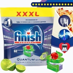 Túi 60 viên rửa chén Finish Quantum Max Dishwasher Tablets Apple Lime Blast QT025461 - hương chanh, táo