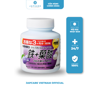 Viên sắt acid folic Nhật Bản Orihiro Most Chewable Iron 180 viên