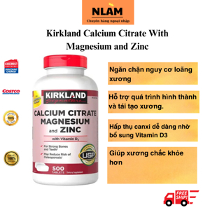 Viên uống Kirkland Calcium Citrate Magnesium and Zinc 500 viên của Mỹ